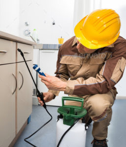 Exterminator speaking cabinets in bathroom