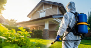 Pest control expert spraying pesticide