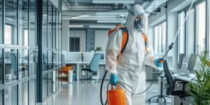 Pest control worker in protective suit spraying office