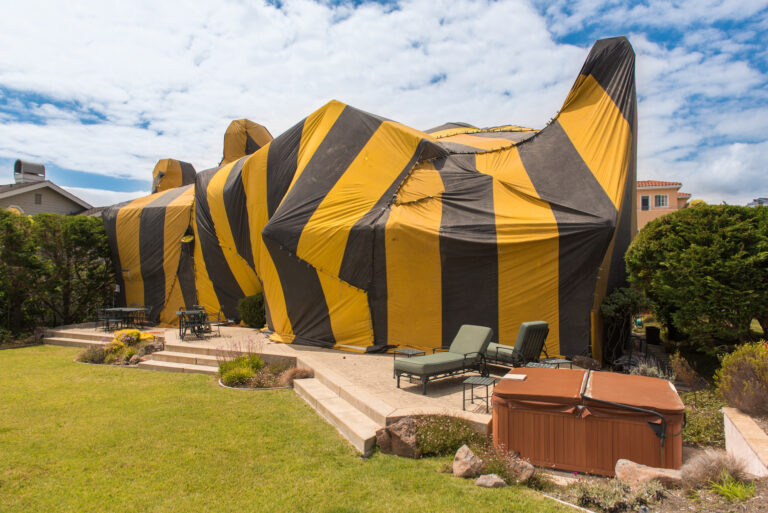 House is covered by tent for fumigation