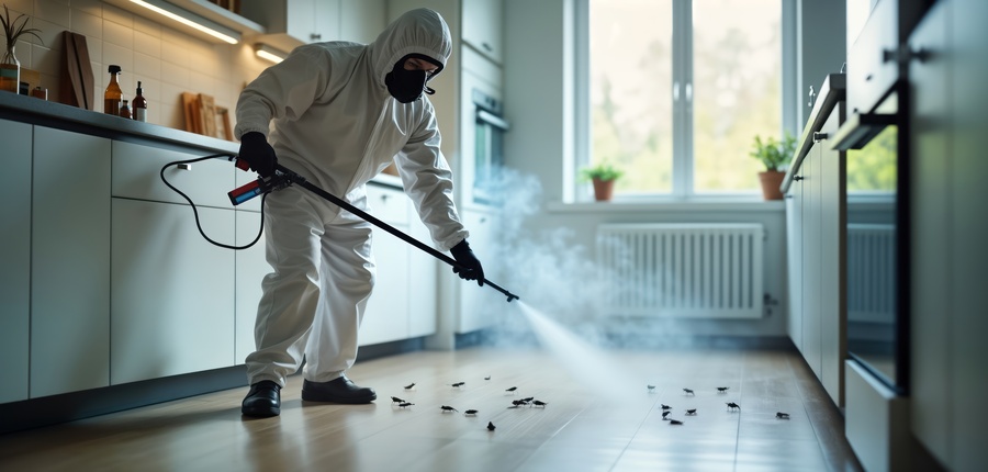 Pest control specialist sprays insecticide in residential kitchen. Person wears protective gear like mask, white protective suit. Smoke covers floor. Many cockroaches on floor