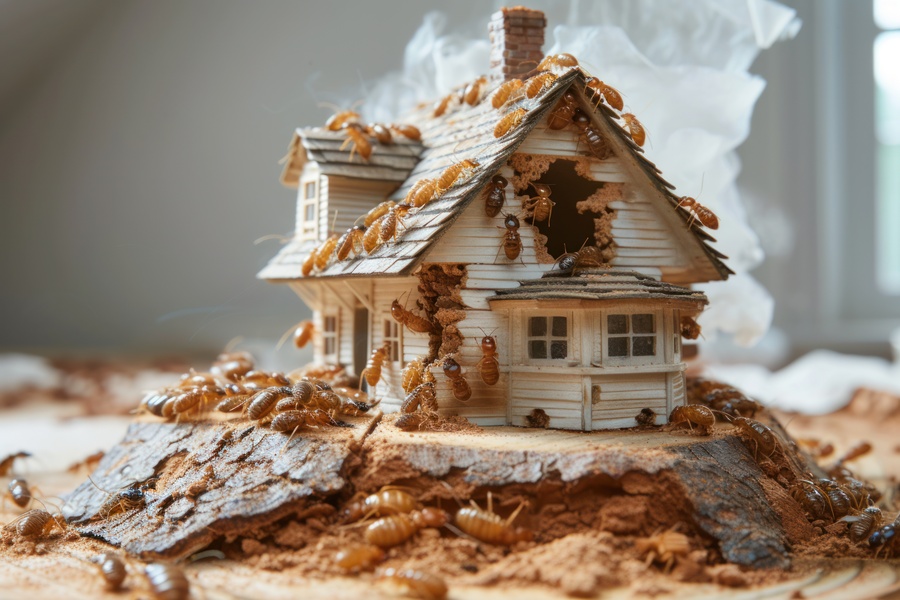 Large termites that are chewing on a house model - Termite Control Concept