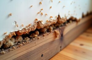 Close-up view of termite damage on wooden interior. Termites eating wood structure. Wood surface shows signs of termite infestation. White wall shows damaged area. Wooden plank damaged hollowed out