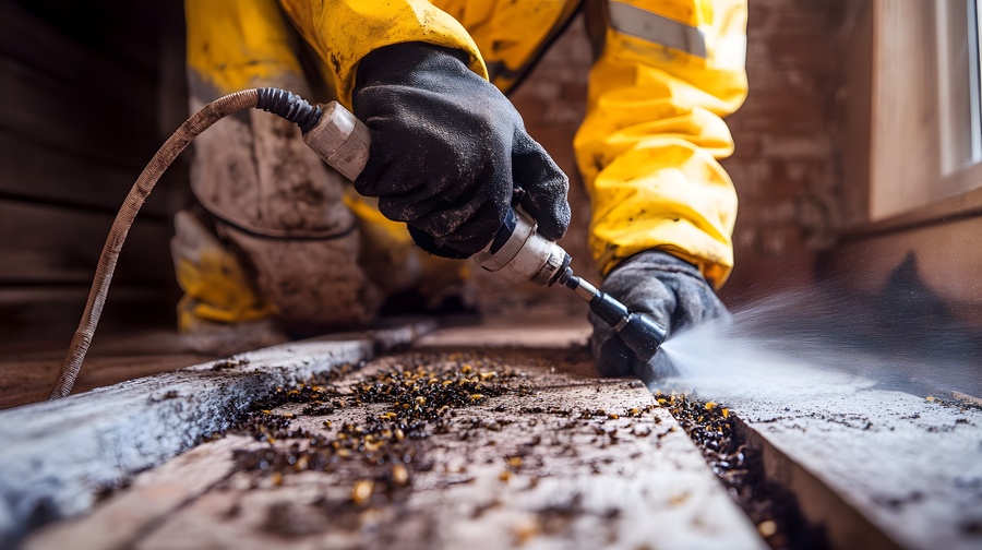 Professional pest control worker spraying pesticides on termite-infested wood