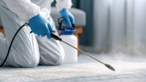 pest control expert spraying pest control spray in a house