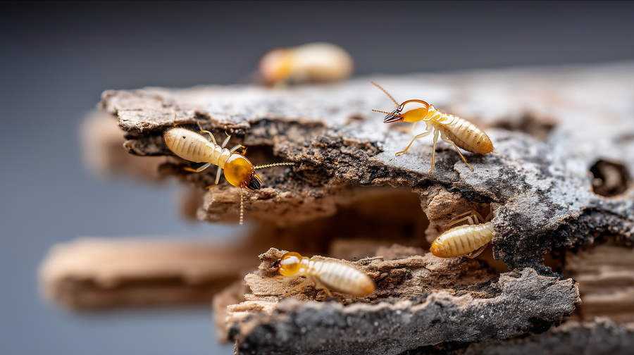 Magnified termite infestation on wood, heavily defocused background, serious pest control challenges visualization, showing destructive nature, potential damage
