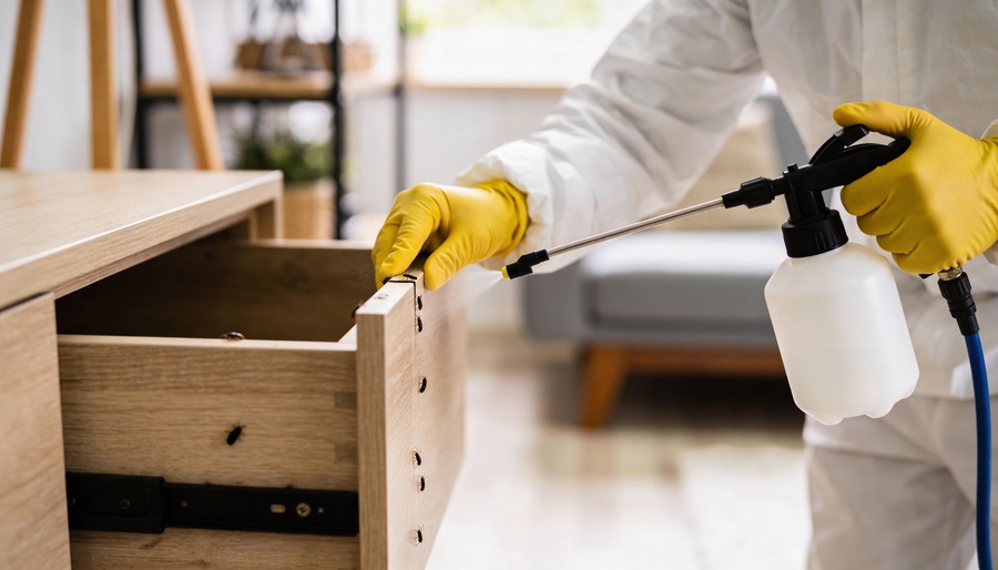 A pest control specialist in protective gear and yellow gloves sprays insecticide on cockroaches infesting a wooden dresser drawer