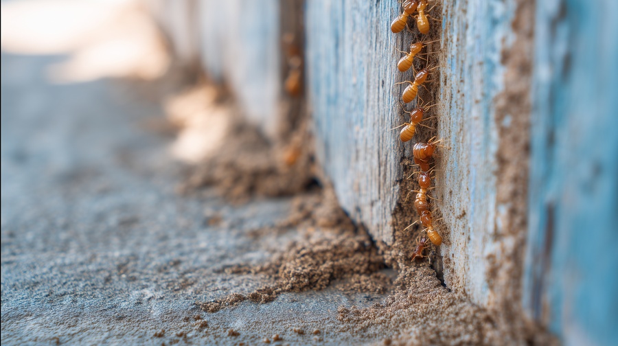 wood damage and mud tube at base of exterior wall indicating termite control structural damage risk