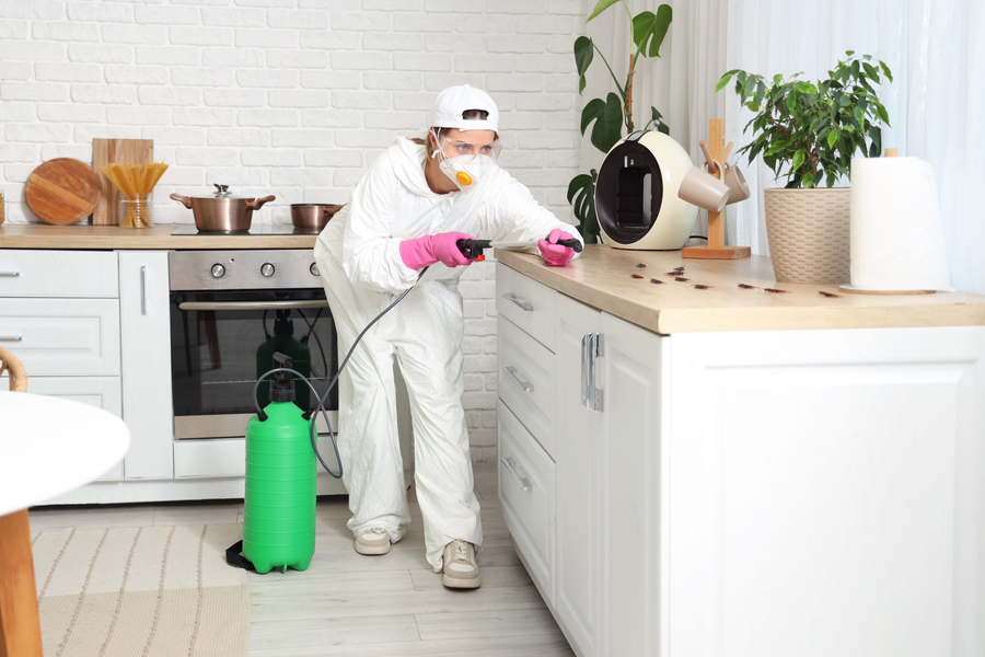 pest control specialist disinfecting counter for cockroaches in kitchen