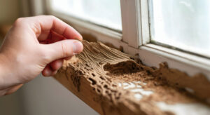 A homeowner touches a rotten wooden window sill with visible decay and termite damage